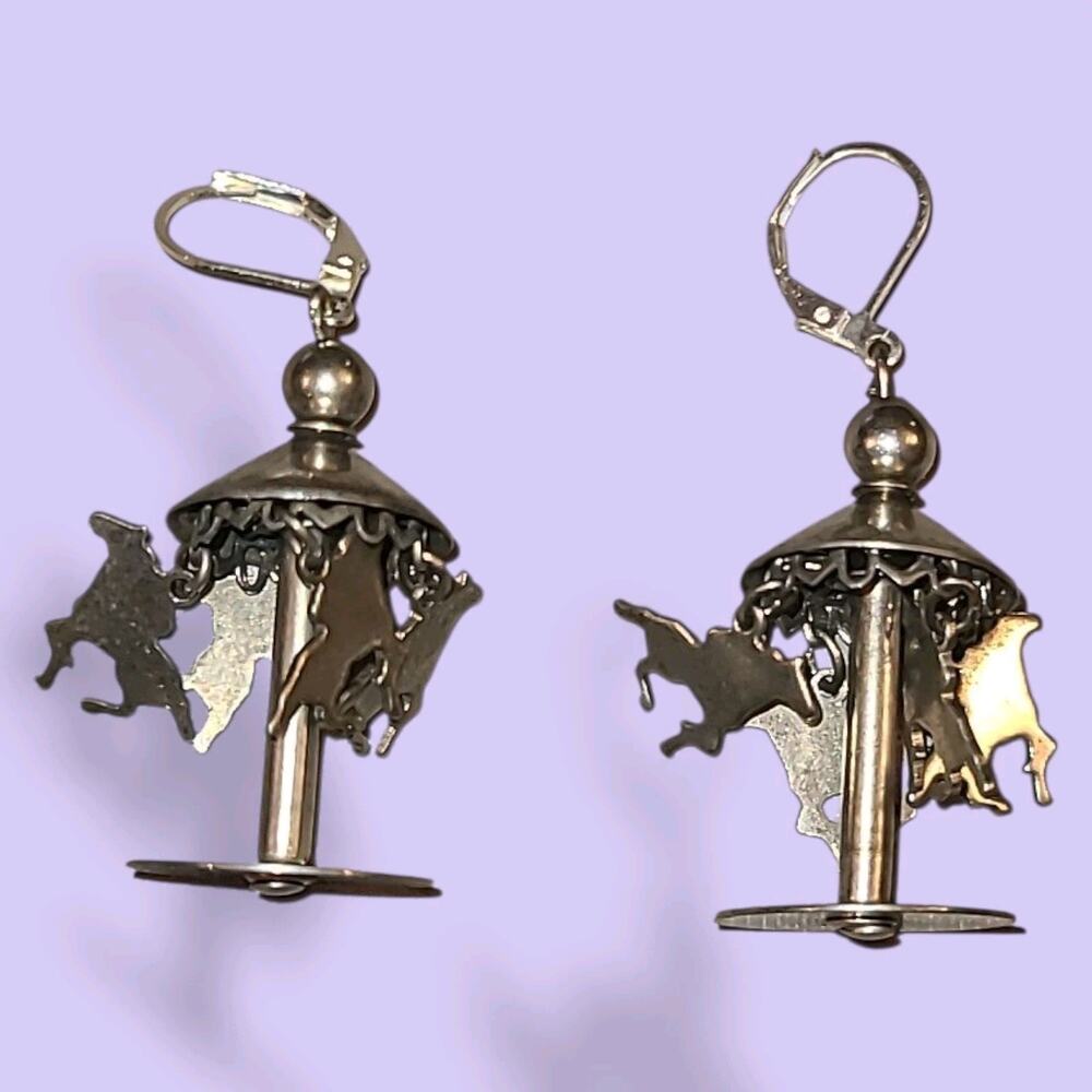 Estate Silver-Tone Carousel Horse Drop Earrings - Picture 6 of 6
